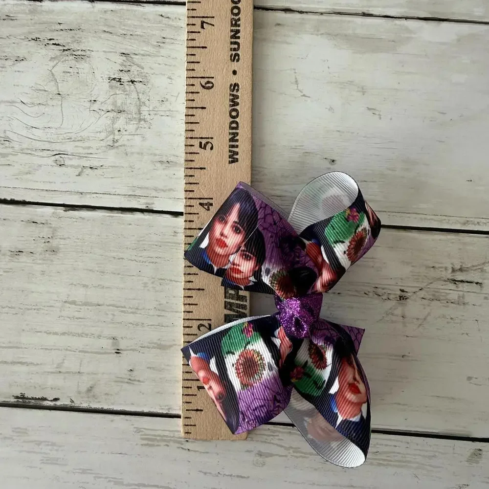 Handmade Wednesday Addams Purple Hair Bow Glitter Center 4.5” Clip Goth